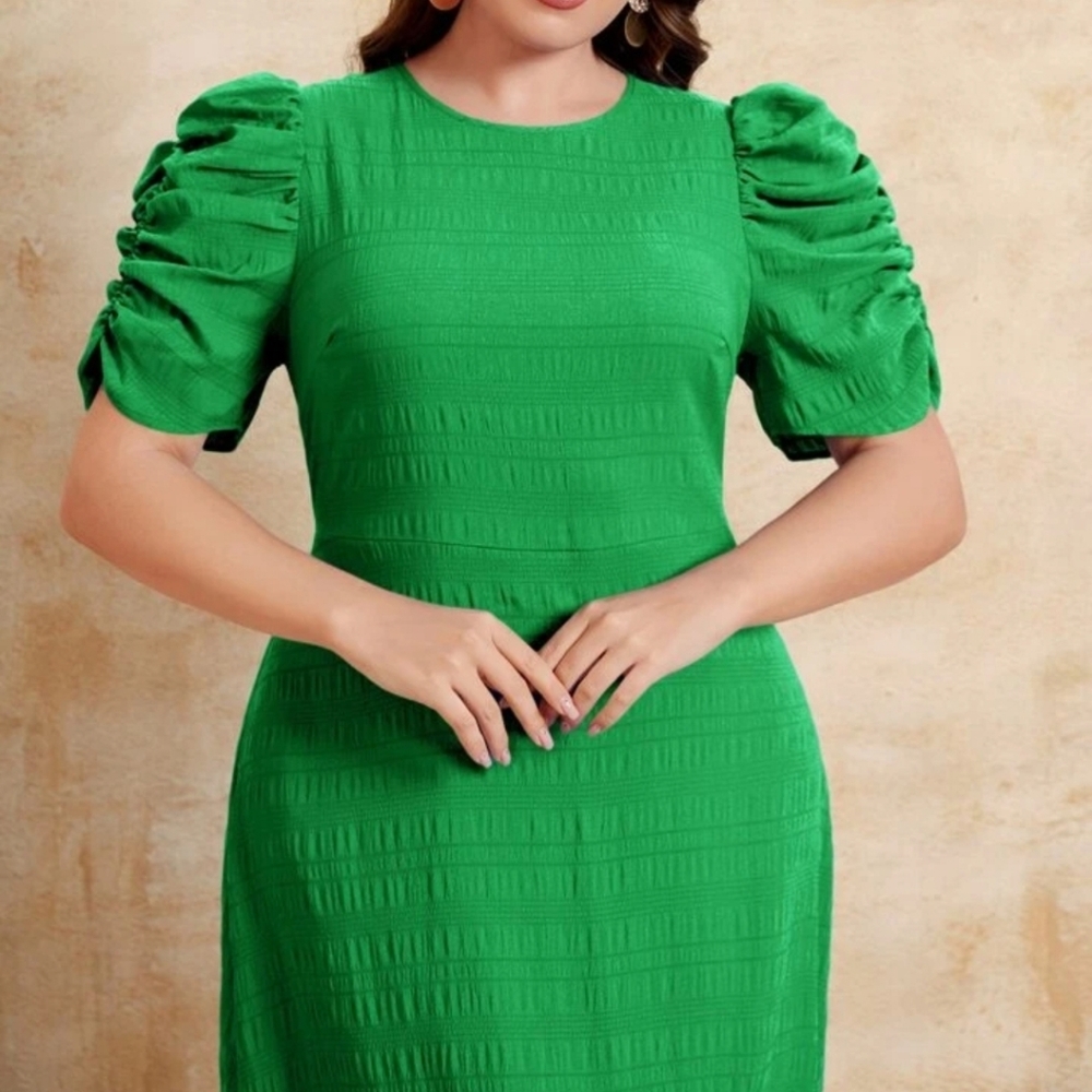 @@@ Plus Puff Sleeve Ruffle Hem Dress